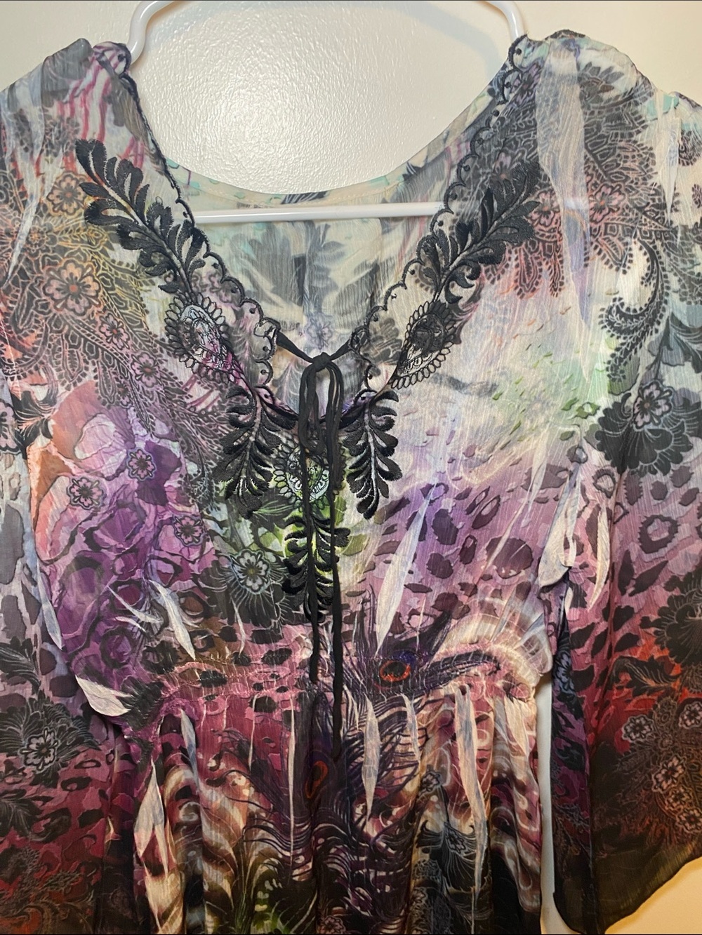 Sheer Multi-Color Print Tie-Front Women’s Blouse - Picture 2 of 6